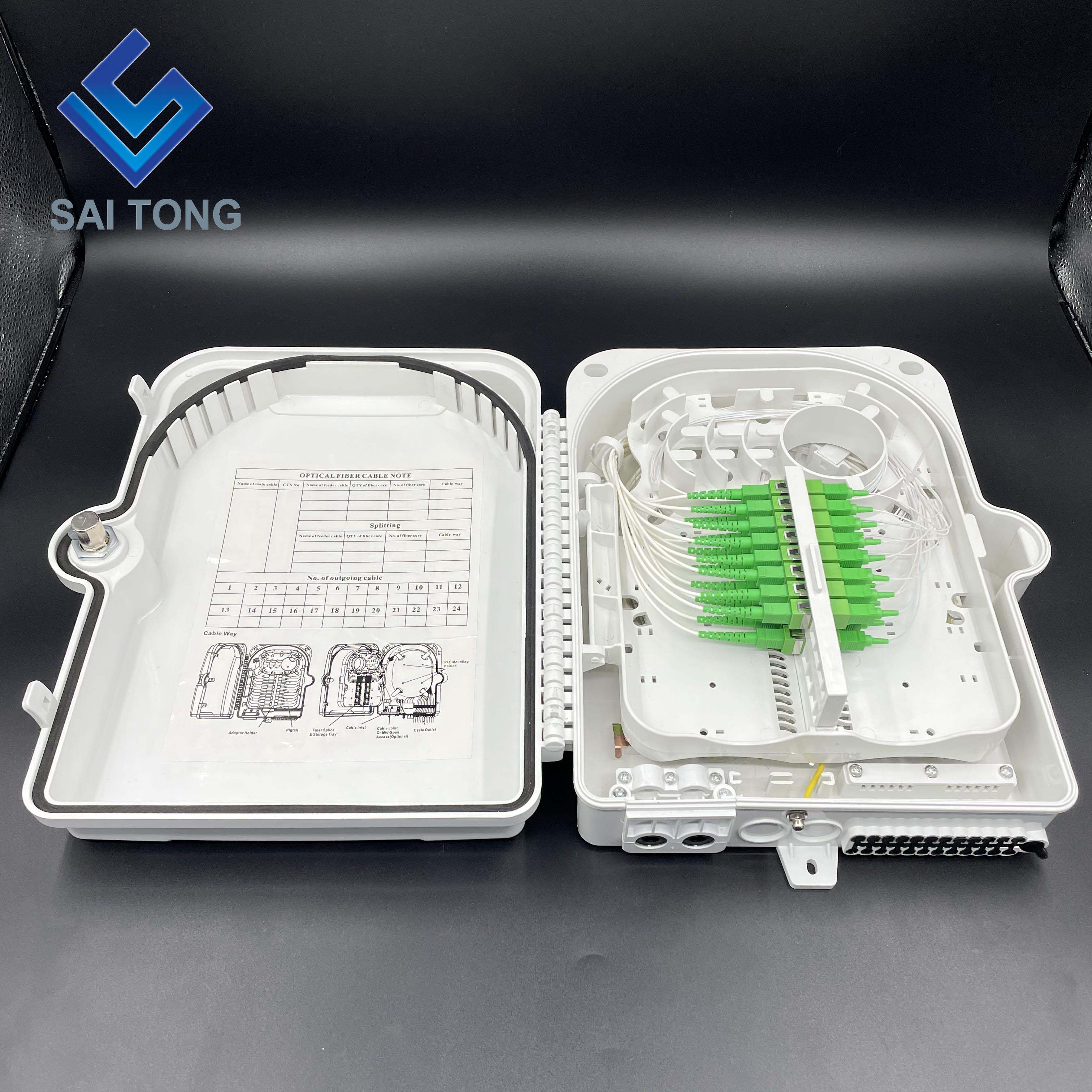 Scatola di distribuzione in fibra ottica Saitong 24 Core Scatola di protezione in fibra ottica 4 in 24 out Scatola di giunzione in fibra di materiale ABS a 24 conduttori