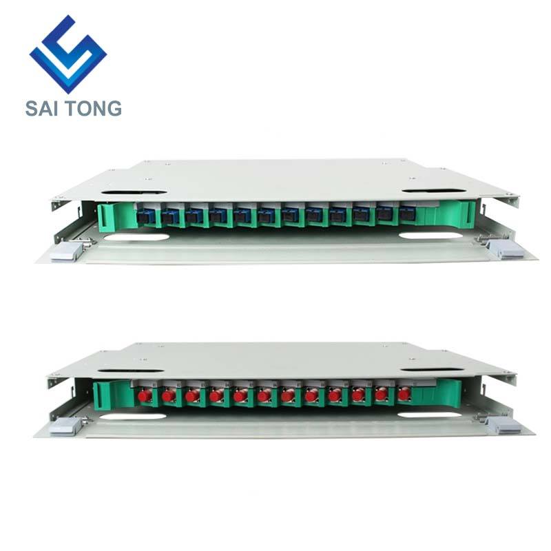 SaiTong FTTH Armadio a 12 porte per montaggio su rack da 19 pollici SC/FC ODF 1 U Telaio di distribuzione in fibra ottica a 12 core Carico completo opzionale