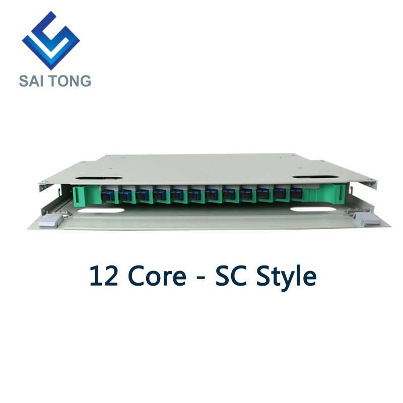 SaiTong FTTH Armadio a 12 porte per montaggio su rack da 19 pollici SC/FC ODF 1 U Telaio di distribuzione in fibra ottica a 12 core Carico completo opzionale