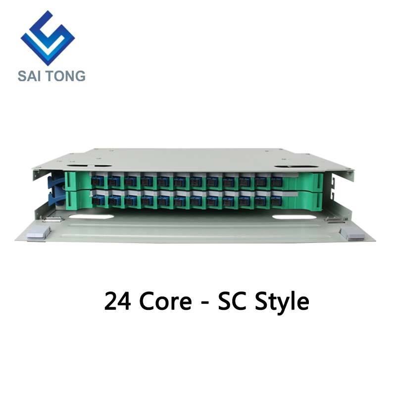 SaiTong FTTH 19 pollici Montaggio su rack Armadio a 24 porte SC/FC ODF 2 U Telaio di distribuzione in fibra ottica a 24 core Carico completo opzionale